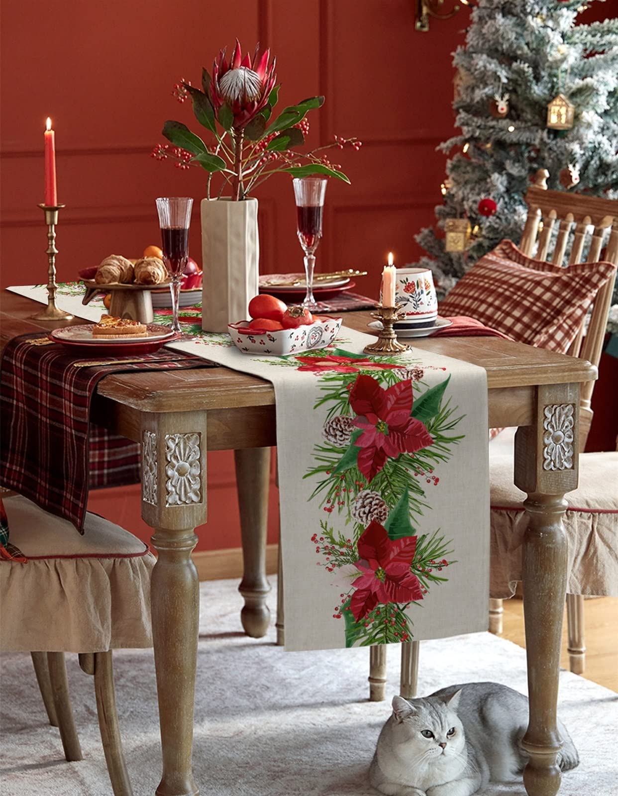 Amazon.co.jp: 手作りシンプルテーブルランナー クリスマスレッド花と